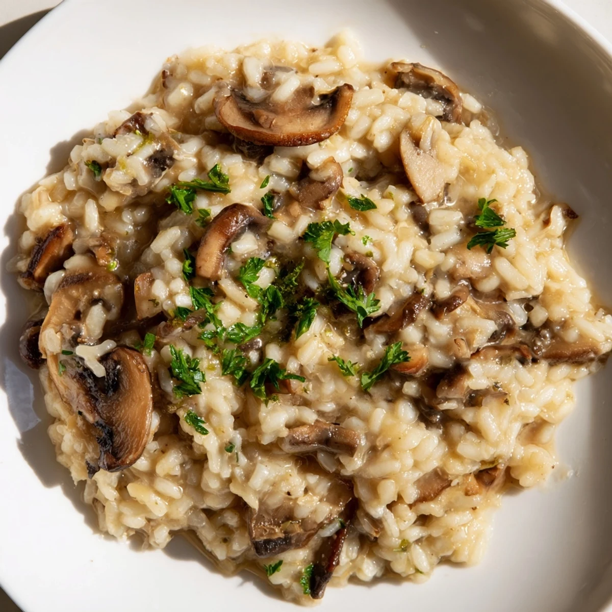Earthy mushrooms and Parmesan cheese shine in this bowl of Mushroom Risotto with Truffle Oil, served warm on a dark plate.