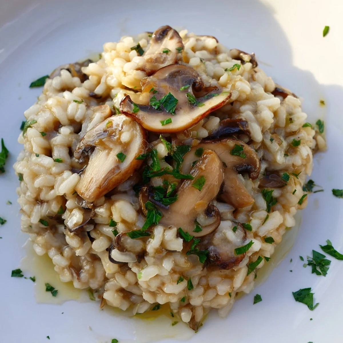 A spoon dips into rich Mushroom Risotto with Truffle Oil, revealing a velvety texture alongside sautéed mushrooms on a rustic table.