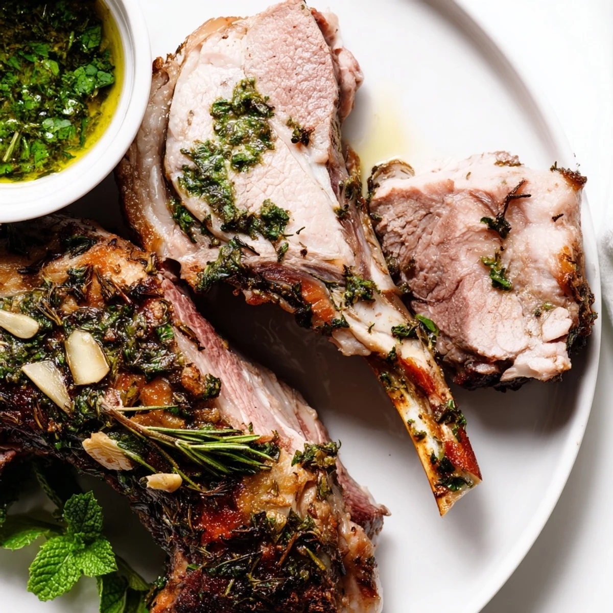 A beautifully roasted leg of lamb with mint sauce on a rustic platter garnished with fresh herbs and lemon slices.