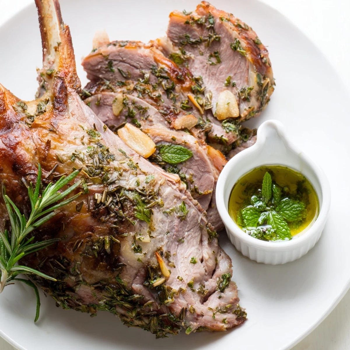 Perfectly carved Roasted Leg of Lamb with Mint Sauce served on a white plate, showcasing juicy pink meat and fresh herbs.