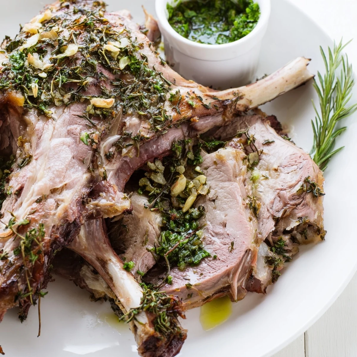 Golden brown Roasted Leg of Lamb with Mint Sauce resting on a wooden board alongside vibrant roasted vegetables and potatoes.