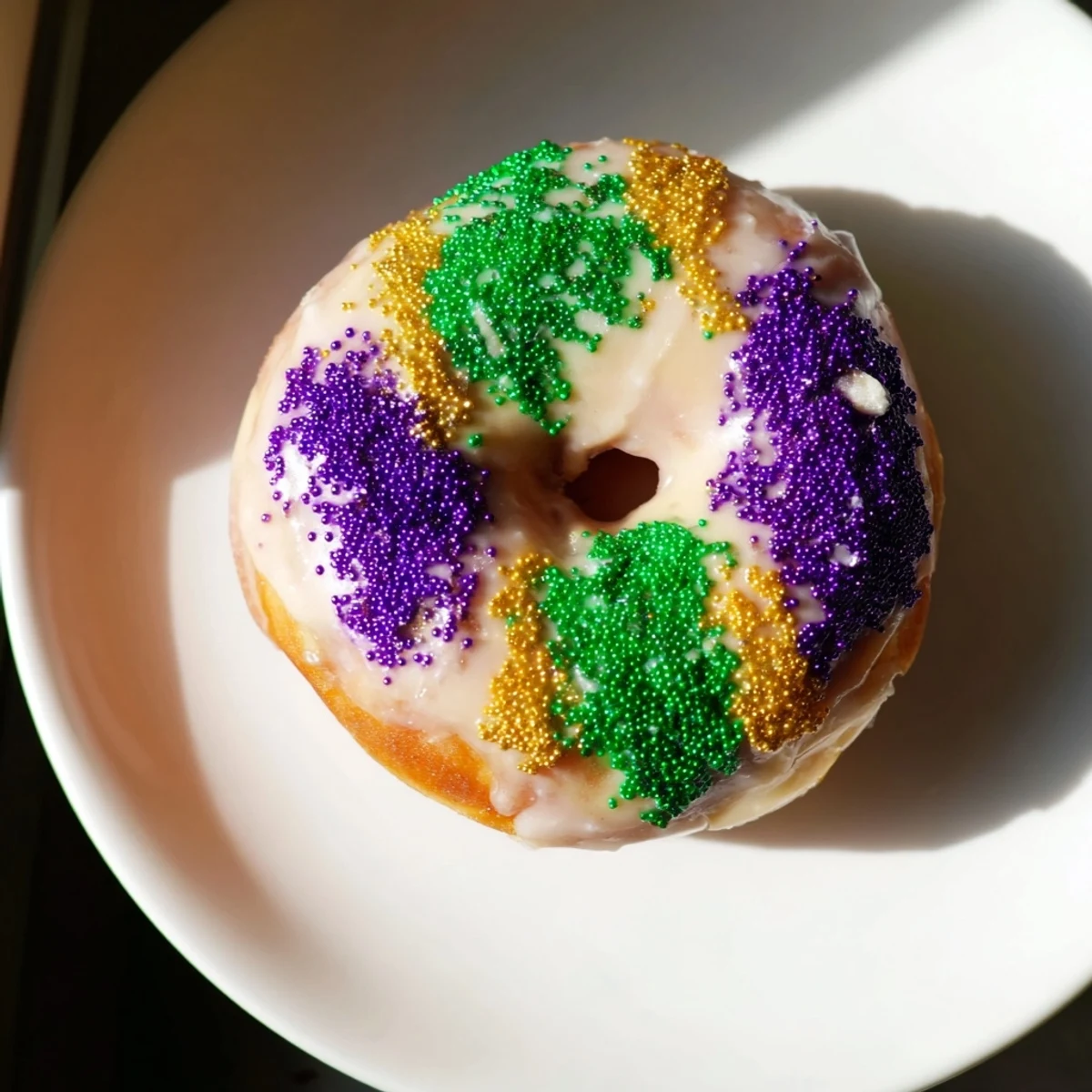 Golden baked Mardi Gras King Cake Donuts glistening with sweet vanilla glaze and vibrant purple, green, and gold sugars.