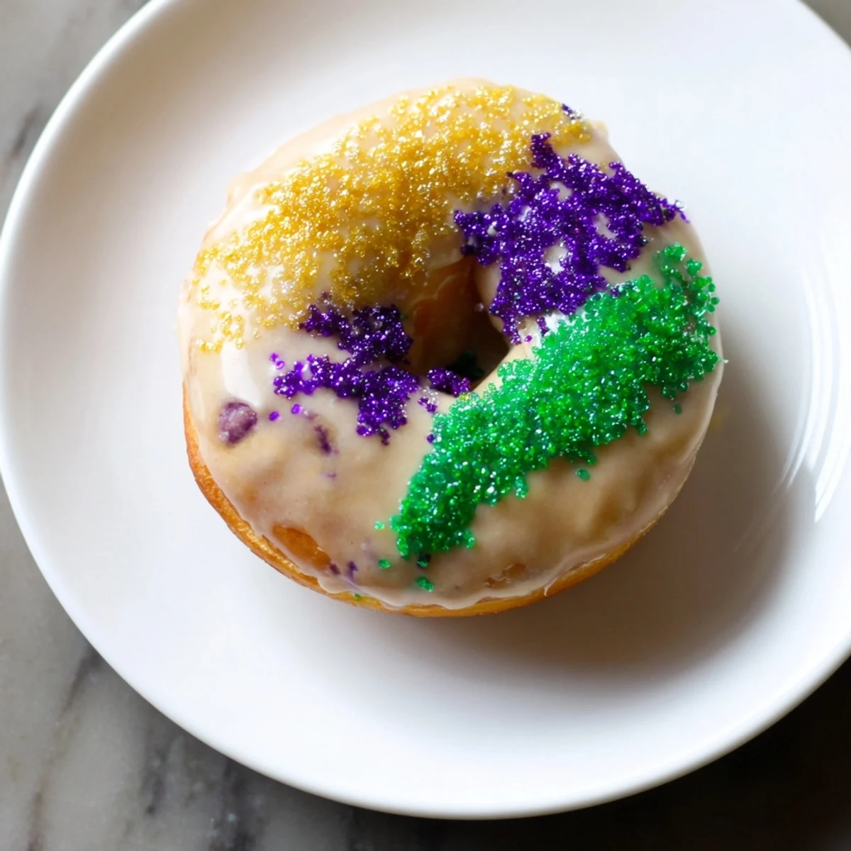 A platter of pillowy Mardi Gras King Cake Donuts dusted in festive colors, perfect for a New Orleans celebration.