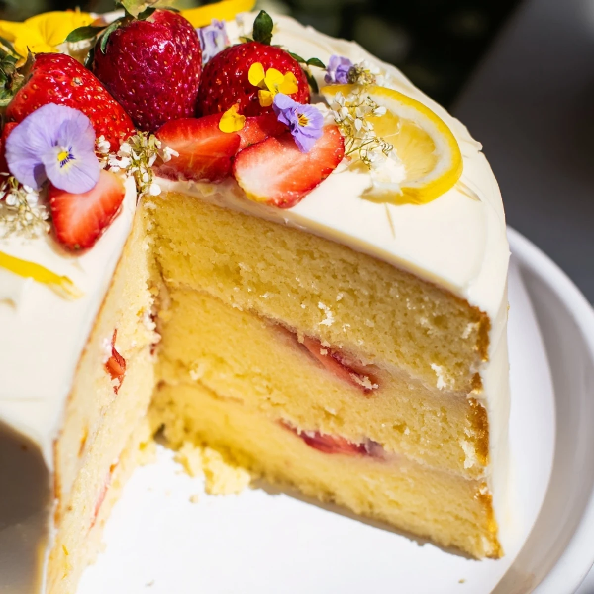 A slice of Strawberry Lemonade Layer Cake reveals layers of tender lemon cake and luscious strawberry filling next to a chilled glass.