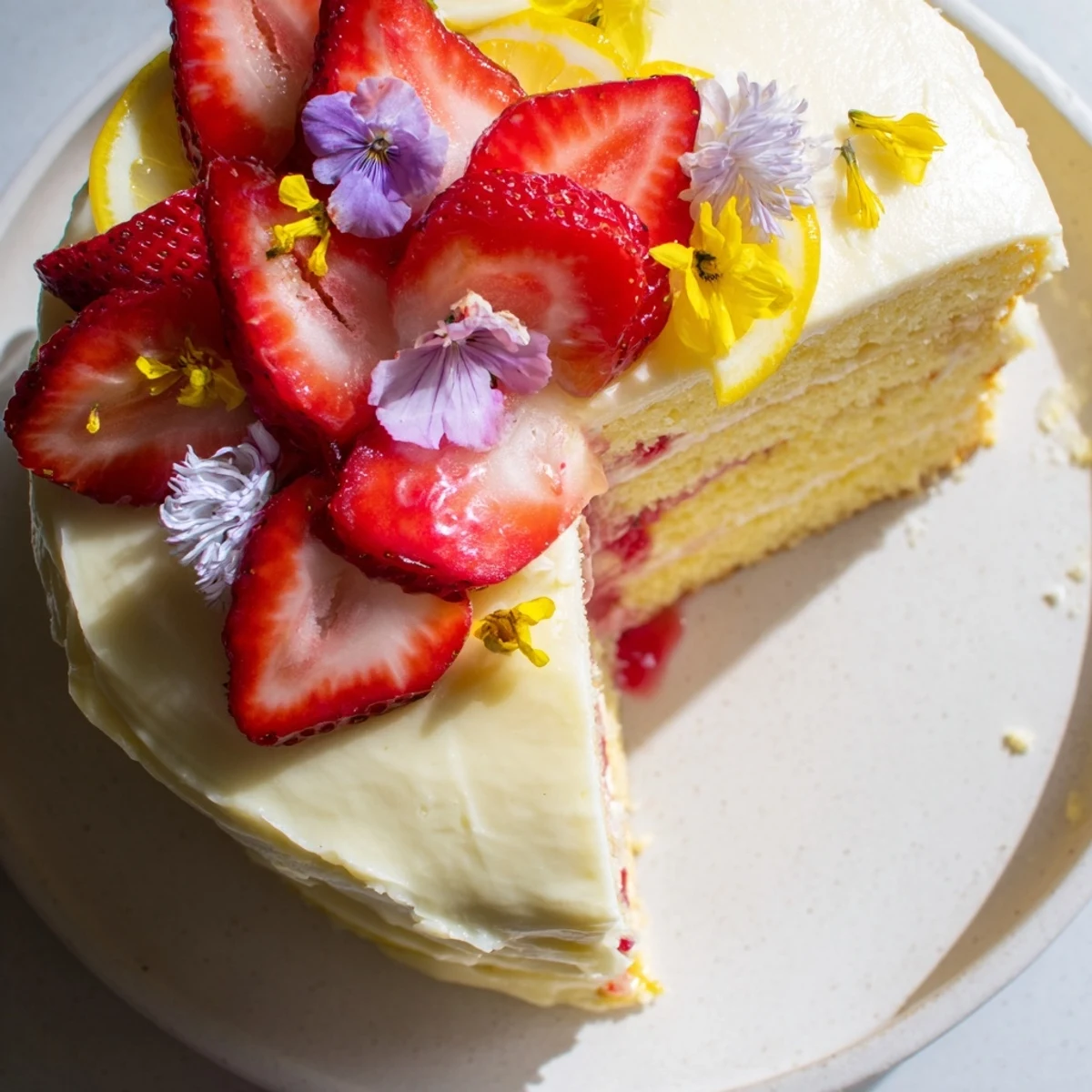 Freshly baked Strawberry Lemonade Layer Cake with moist lemon layers, bright strawberry filling, and creamy lemon frosting on a platter.