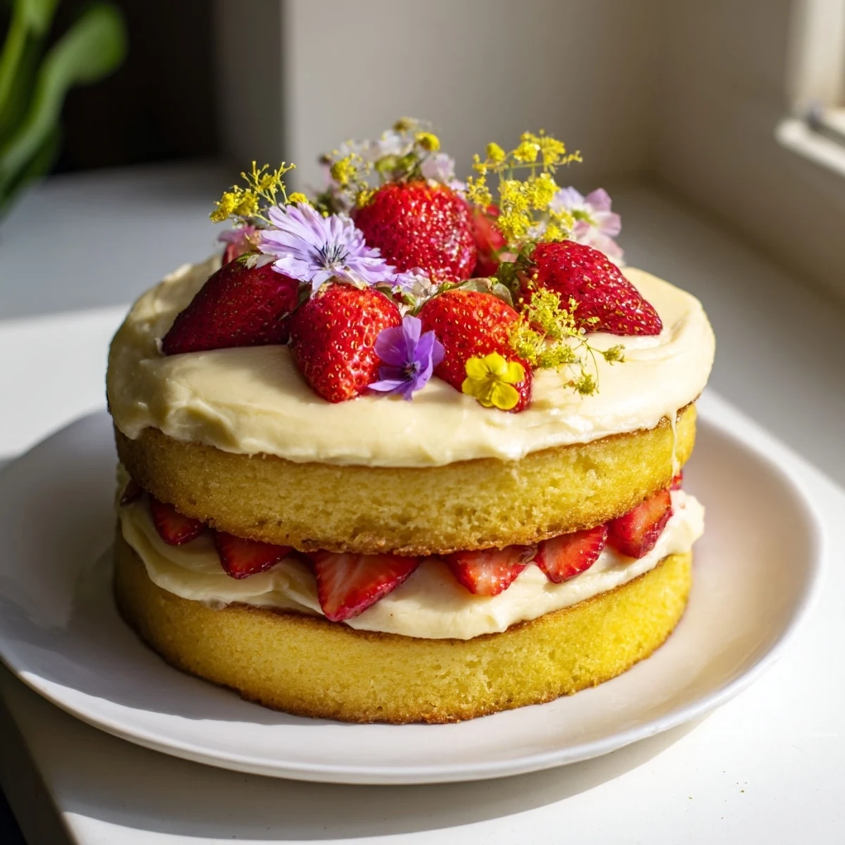 Close-up of Strawberry Lemonade Layer Cake decorated with halved strawberries and lemon slices, perfect for a summer celebration dessert.