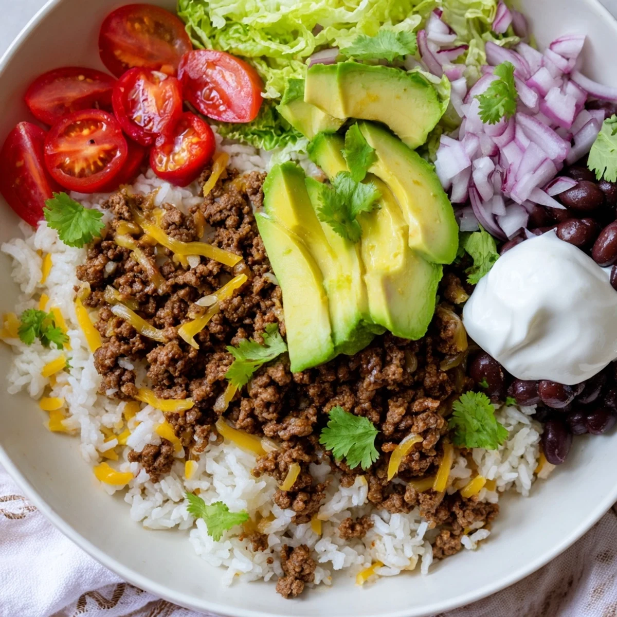 Hearty Beef Burrito Bowls with Rice and Beans served with lime wedges on a colorful plate.