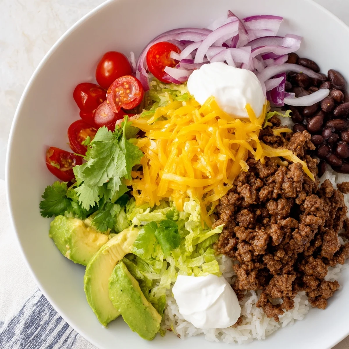 Spoonful of seasoned ground beef over fluffy rice and black beans, with sour cream and tomatoes.