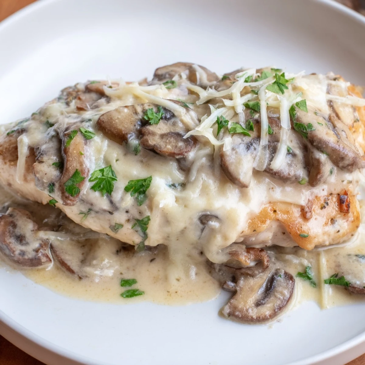 Tender chicken breasts in a creamy garlic mushroom sauce, garnished with fresh parsley and served alongside mashed potatoes.