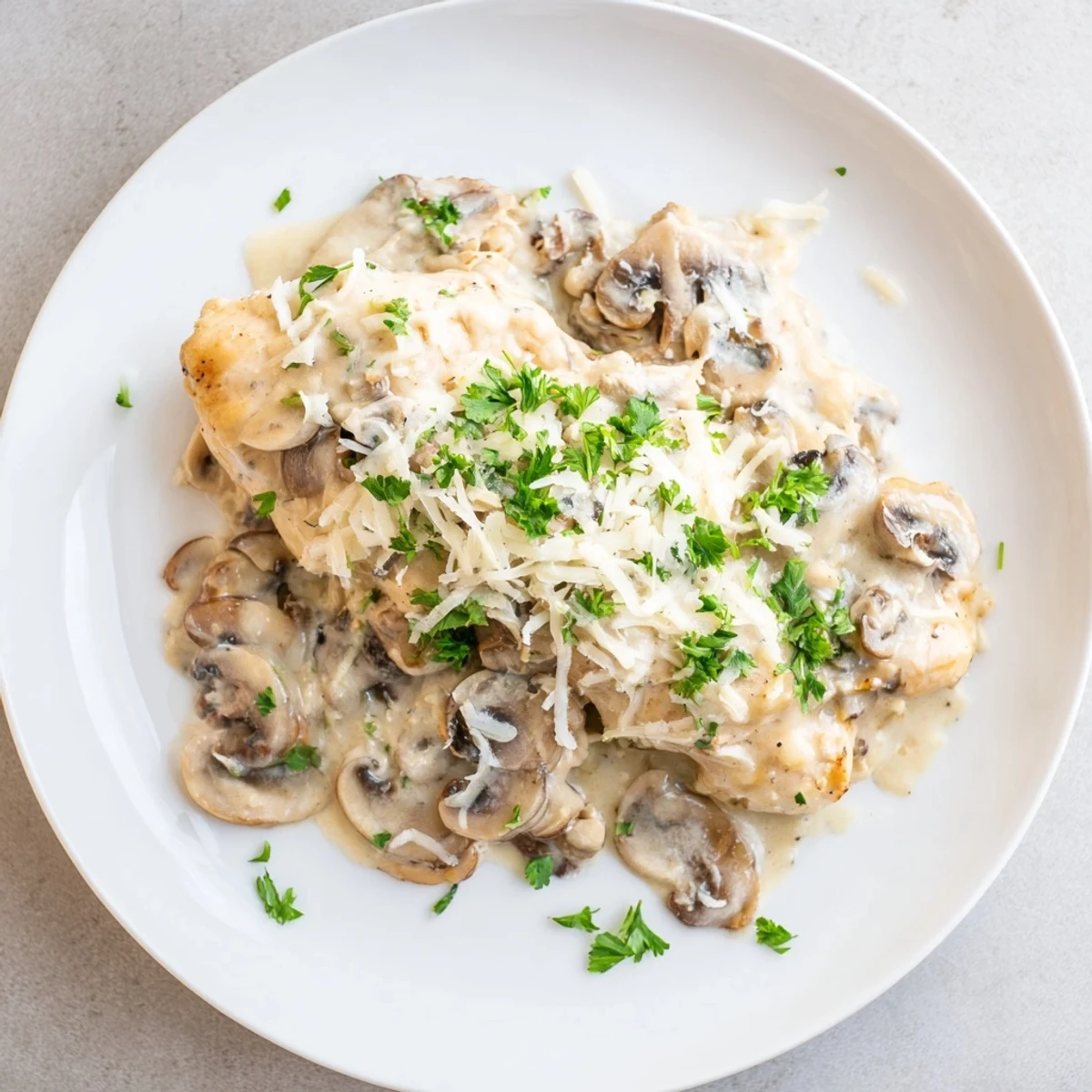 Succulent Creamy Garlic Mushroom Chicken pieces rest in a skillet, ready to be enjoyed with crusty bread for dipping.