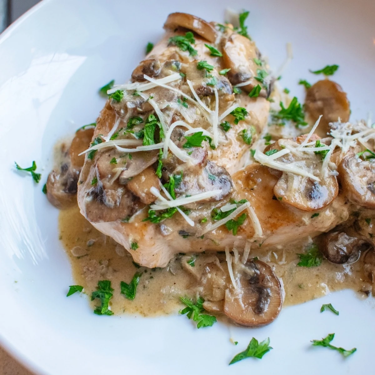 Creamy Garlic Mushroom Chicken showcases golden-brown mushrooms and melted Parmesan cheese, simmering in a rich, velvety sauce.