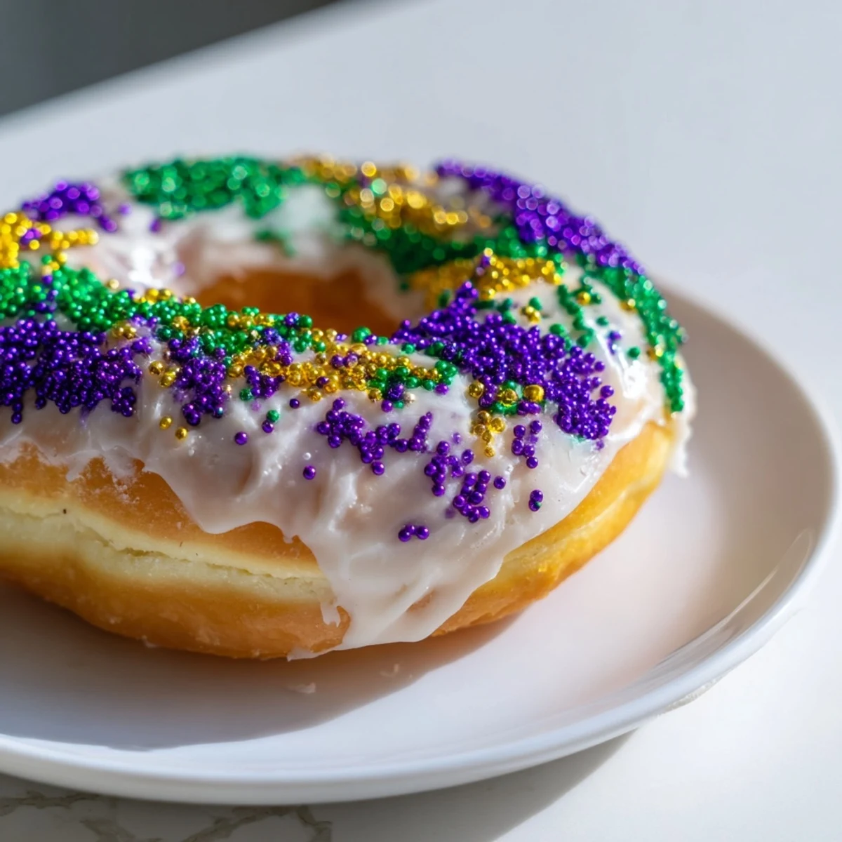 Freshly baked Mardi Gras King Cake Donuts with purple, green, and gold sprinkles on a wire cooling rack.