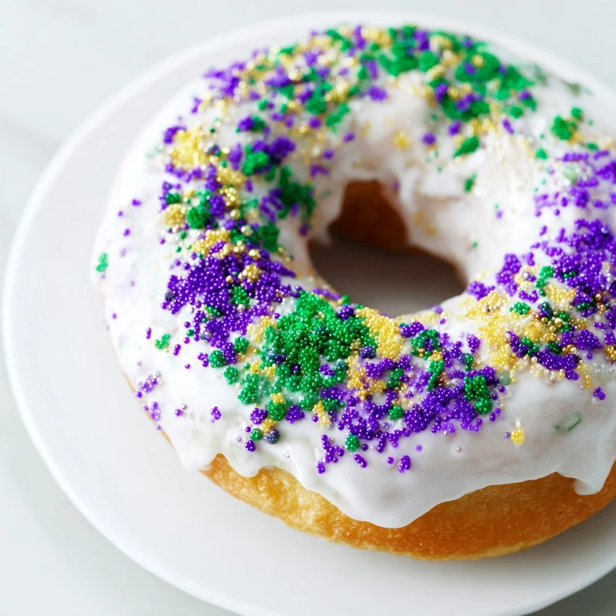 Soft, baked Mardi Gras King Cake Donuts with a sweet glaze and vibrant purple, green, and gold toppings.
