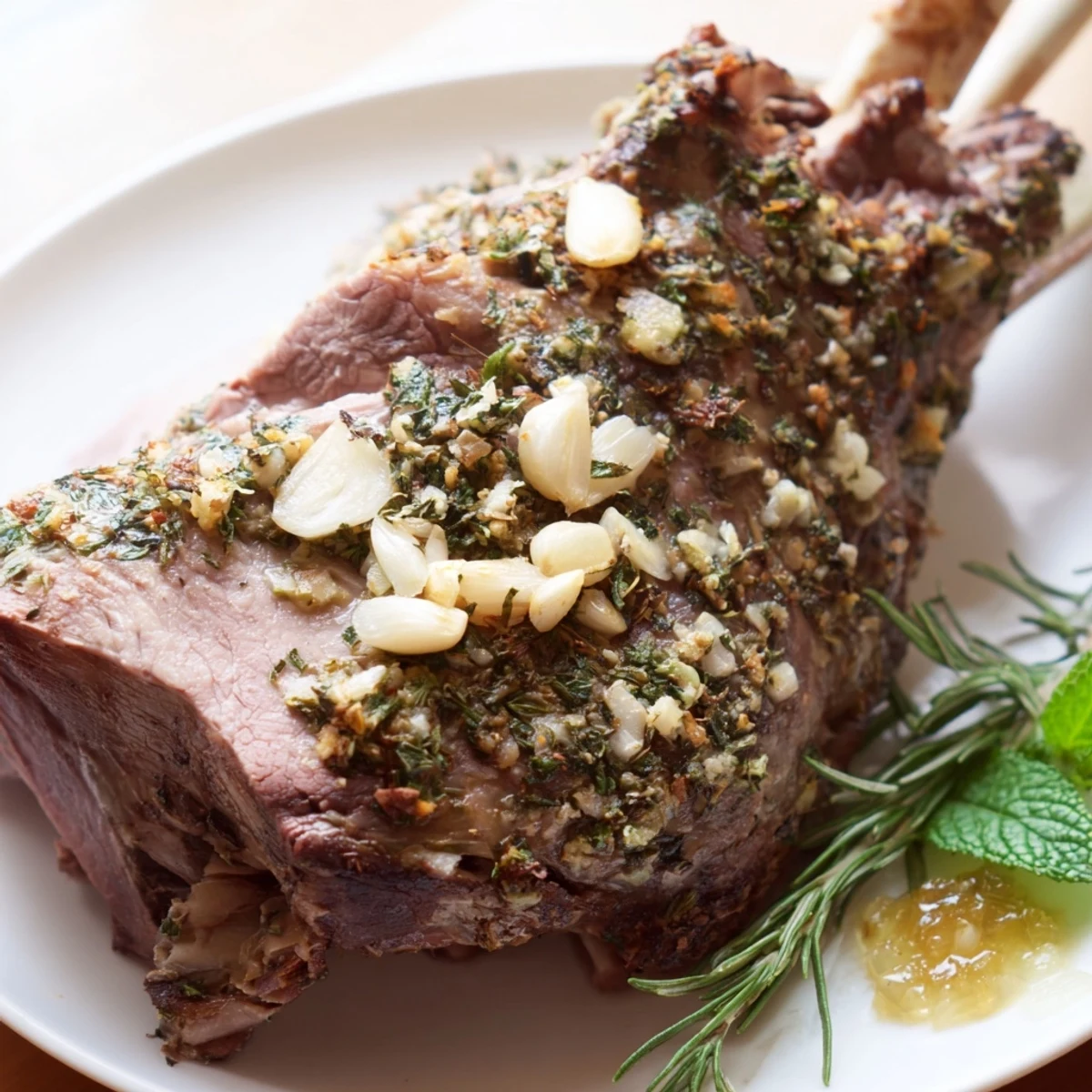 A beautifully roasted leg of lamb with mint jelly glistens, garnished with fresh rosemary on a rustic wooden board.
