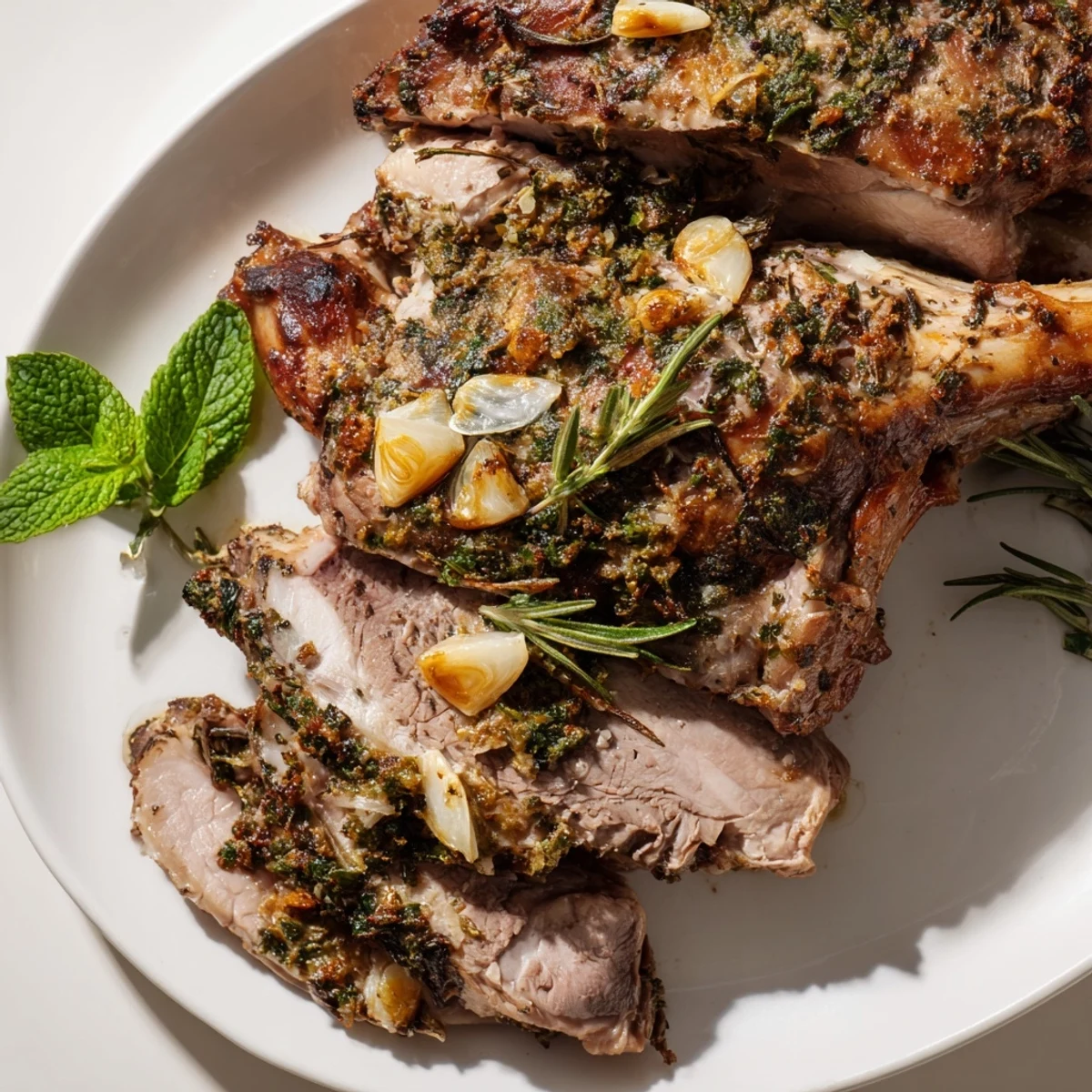 Close-up of golden, herb-crusted roasted leg of lamb with mint jelly on a carving board, showing juicy interior.