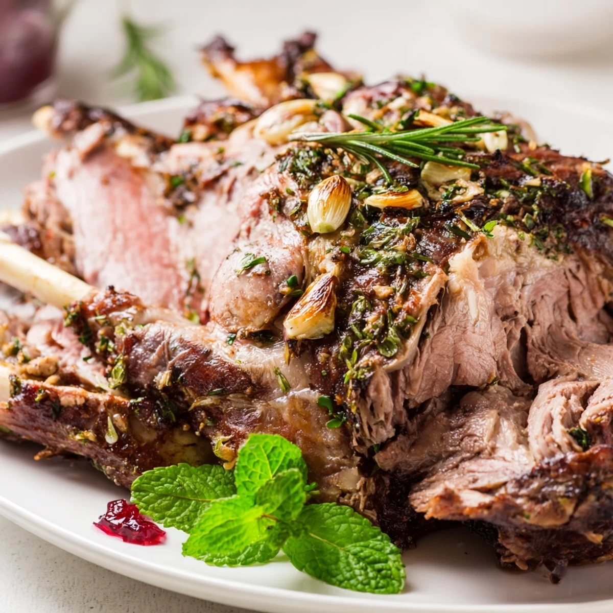 Slices of tender roasted leg of lamb with mint jelly are arranged on a platter beside vibrant spring vegetables.