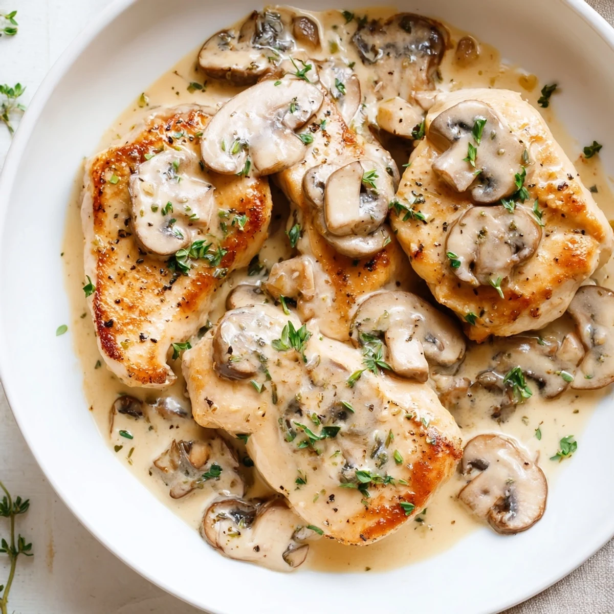 Golden-brown seared chicken breasts simmer in a creamy garlic mushroom sauce with fresh herbs, served over fluffy mashed potatoes.