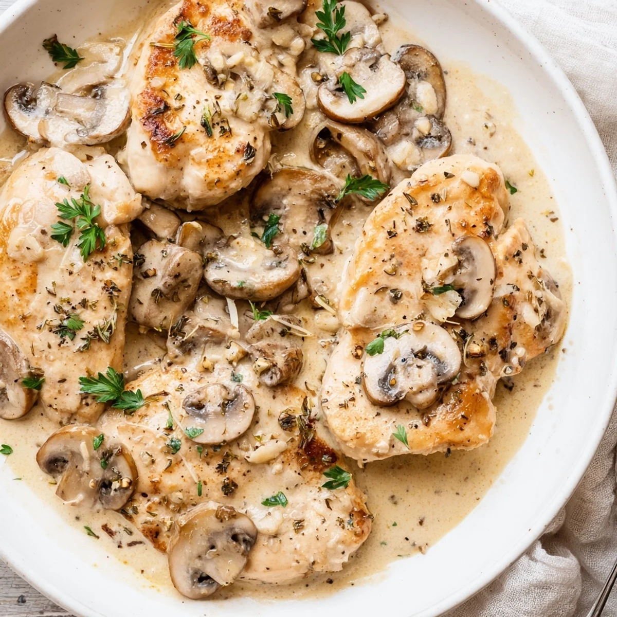 A close-up of Creamy Garlic Mushroom Chicken with Herbs featuring tender chicken and sautéed mushrooms in a rich, velvety sauce.