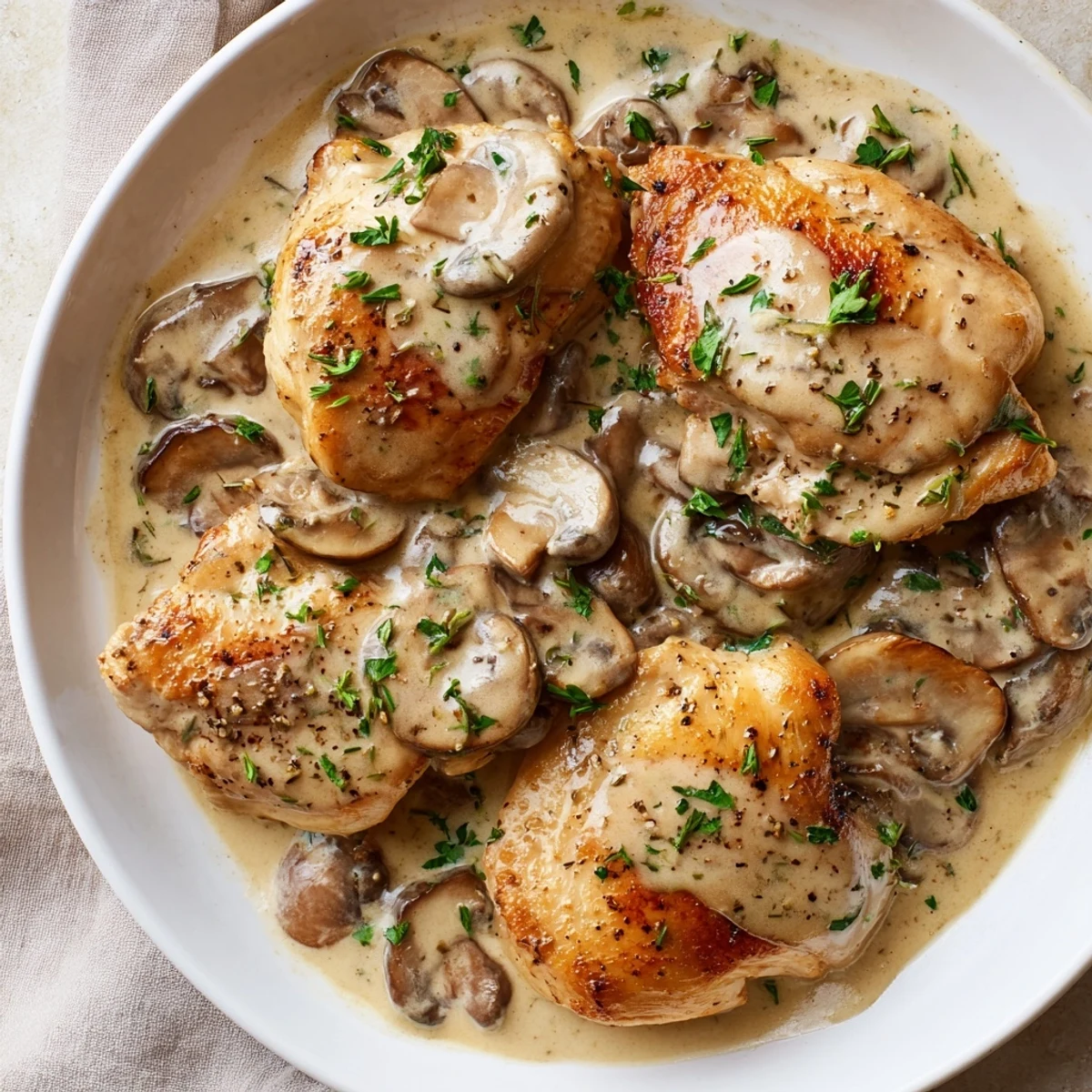 Comforting Creamy Garlic Mushroom Chicken with Herbs plated on a dinner plate, garnished with parsley and paired with crusty bread.