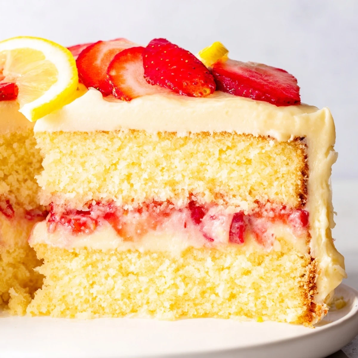 A close-up of the Strawberry Lemonade Layer Cake with Buttercream shows lemon zest, juicy strawberry filling, and smooth buttercream on a white plate.