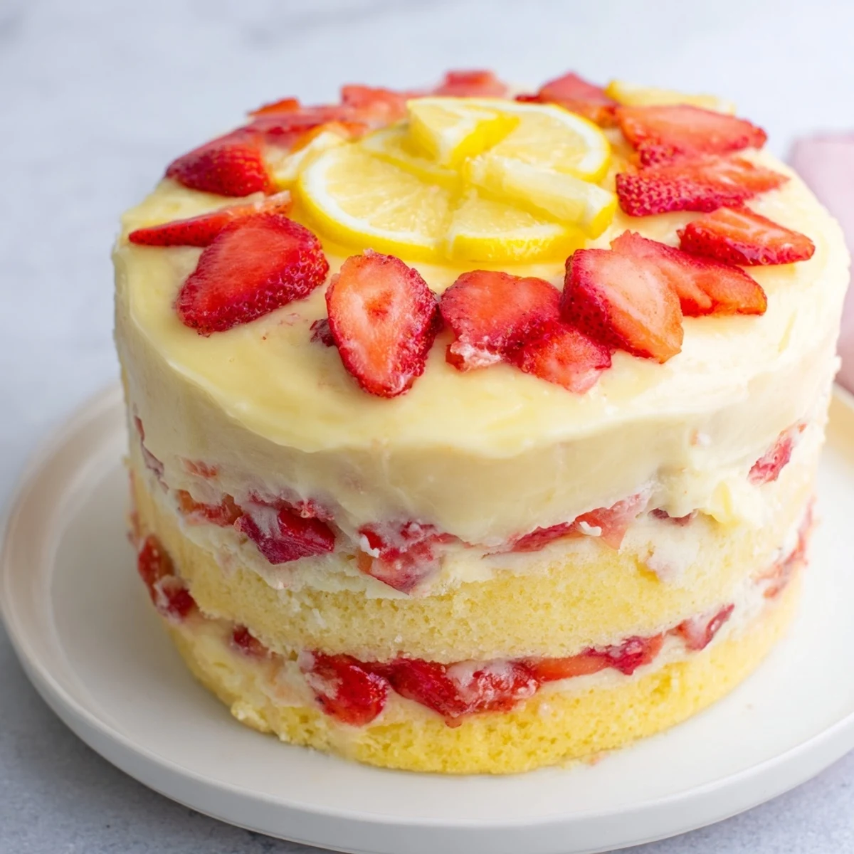 A fresh slice of Strawberry Lemonade Layer Cake with Buttercream reveals fluffy layers, glossy pink filling, and creamy frosting for a bright, tangy dessert.