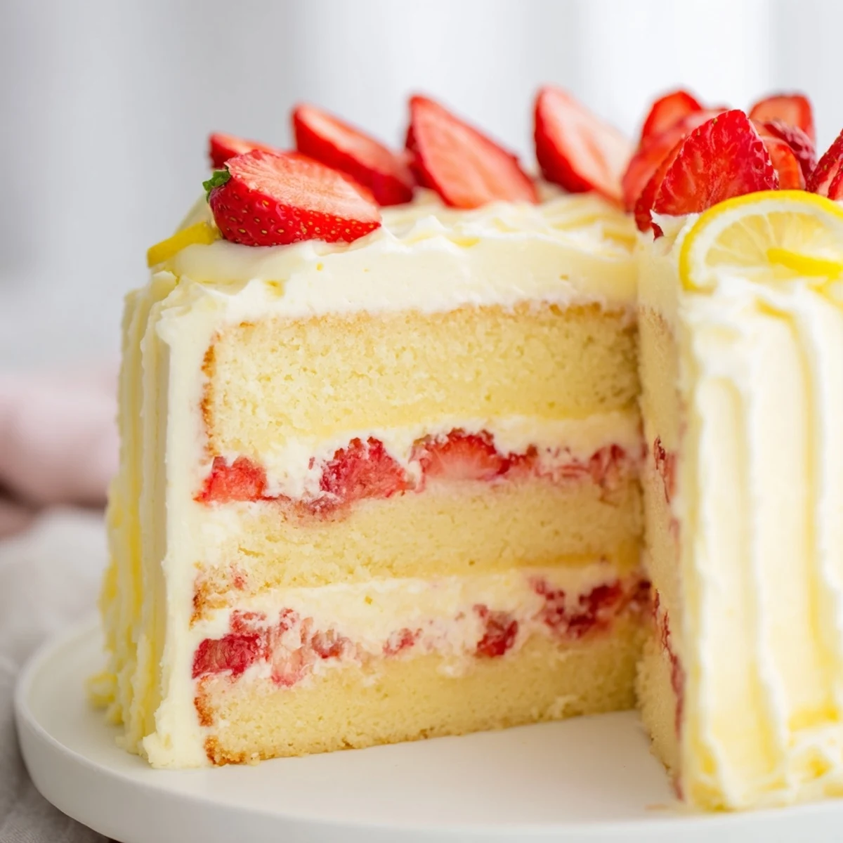 A whole Strawberry Lemonade Layer Cake with Buttercream decorated with sliced berries and lemon zest sits ready to serve at a spring gathering.