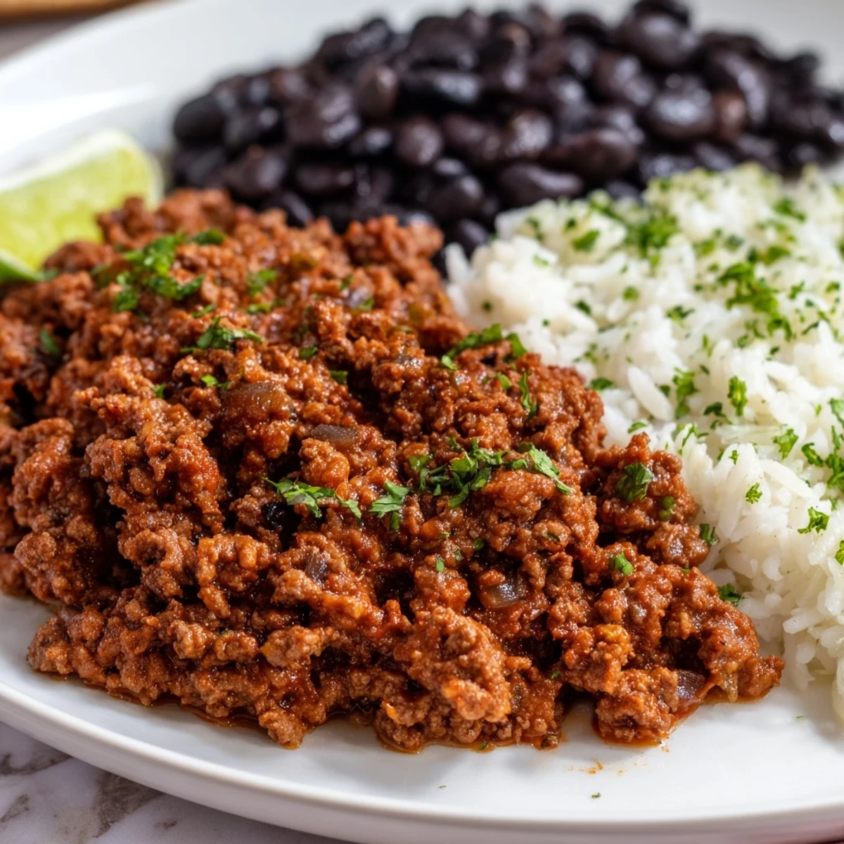 A close-up of Beef Burrito Bowls with Rice and Black Beans, featuring seasoned beef, fluffy rice, and vibrant fresh toppings.