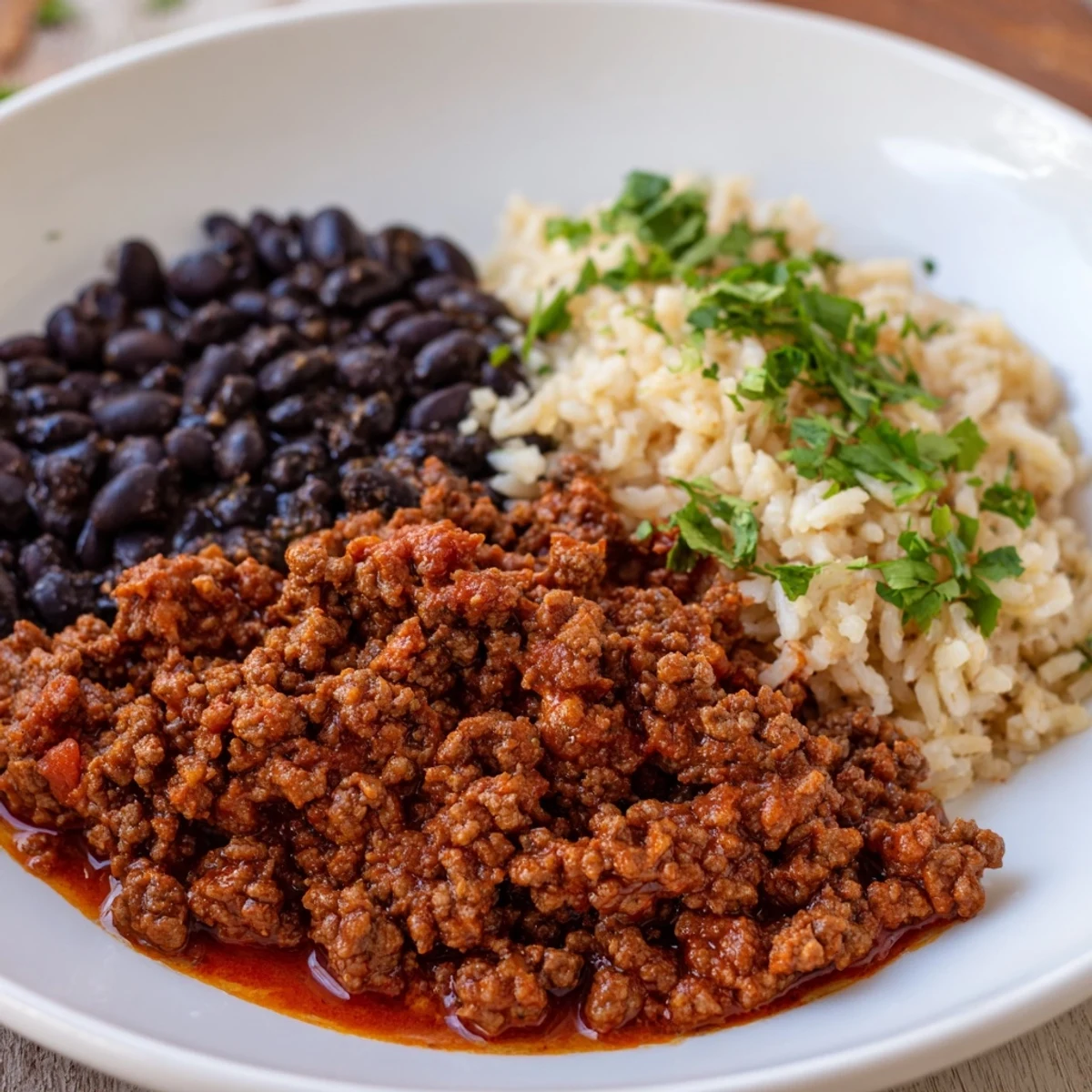 Colorful Beef Burrito Bowls with Rice and Black Beans topped with avocado, cheese, and sour cream on a rustic wooden table.