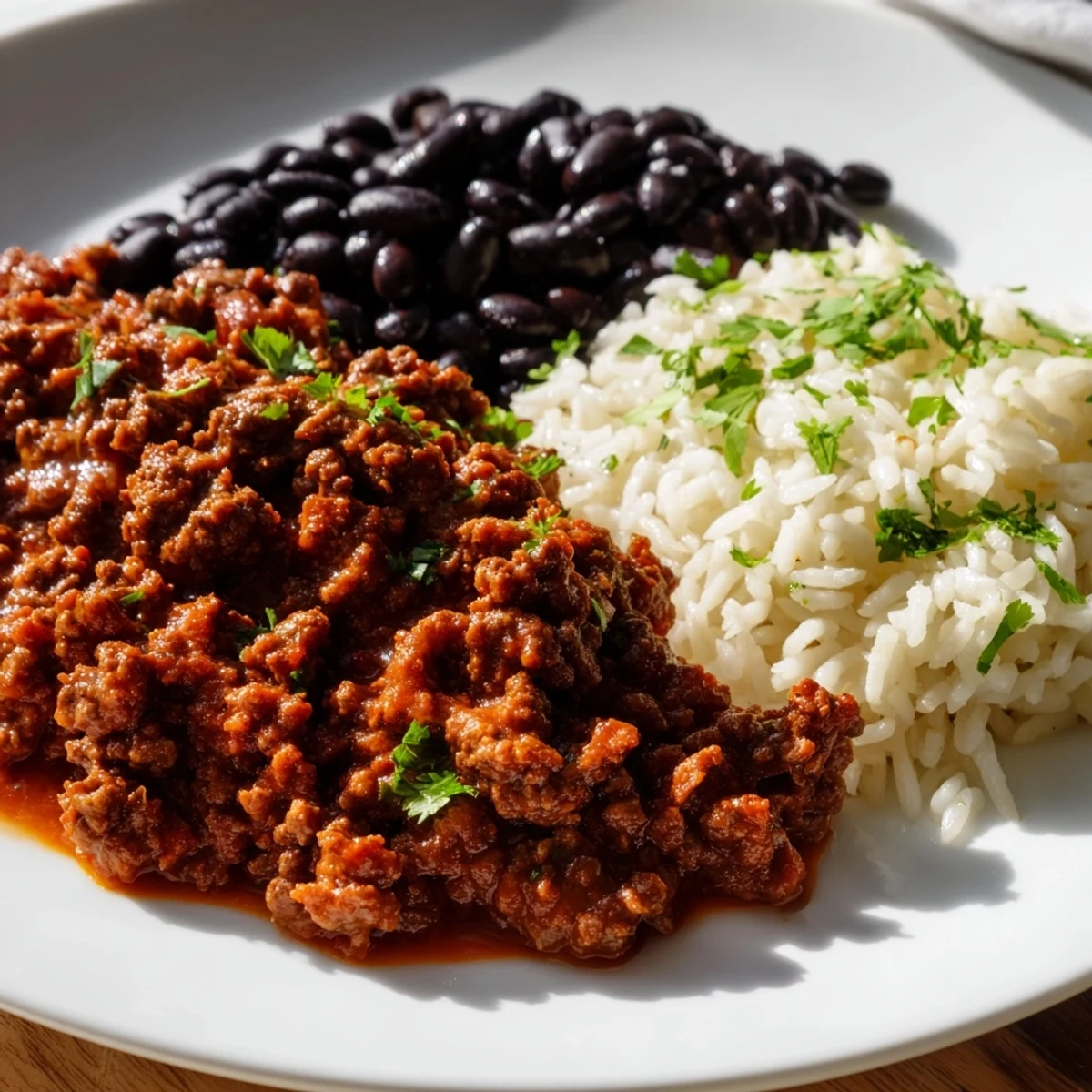 Sizzling seasoned beef and black beans in Beef Burrito Bowls with Rice and Black Beans, ready to be enjoyed with lime wedges.