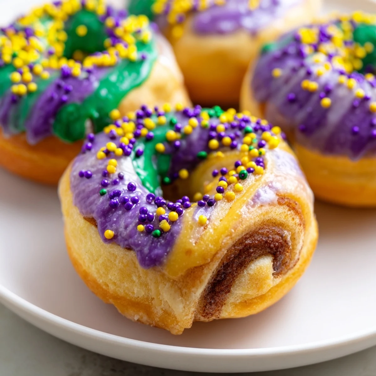 Freshly baked Mardi Gras King Cake Donuts with vibrant colored glaze and festive sprinkles sit on a wire cooling rack.