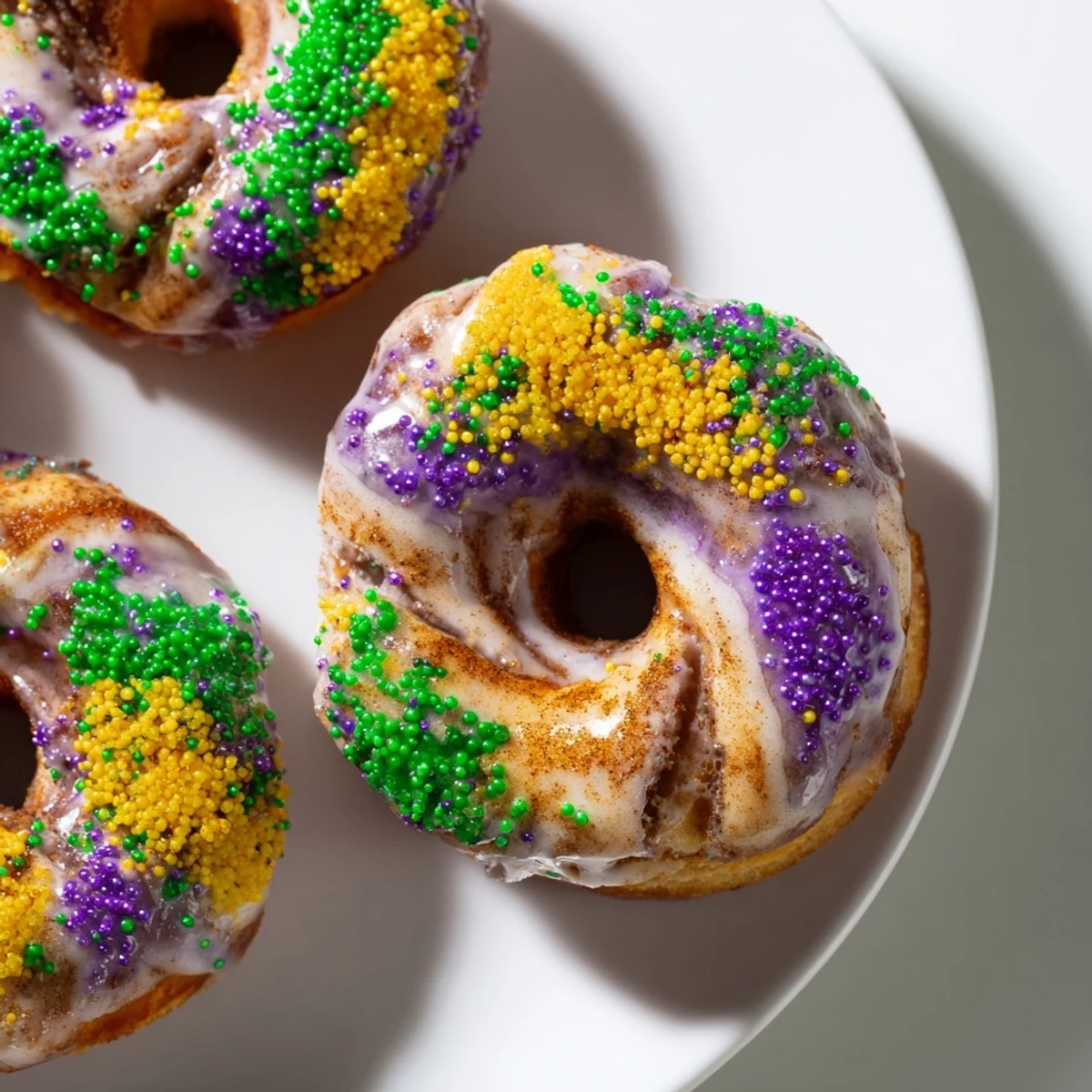 A platter of Mardi Gras King Cake Donuts decorated with purple, green, and gold sprinkles is ready for a party.