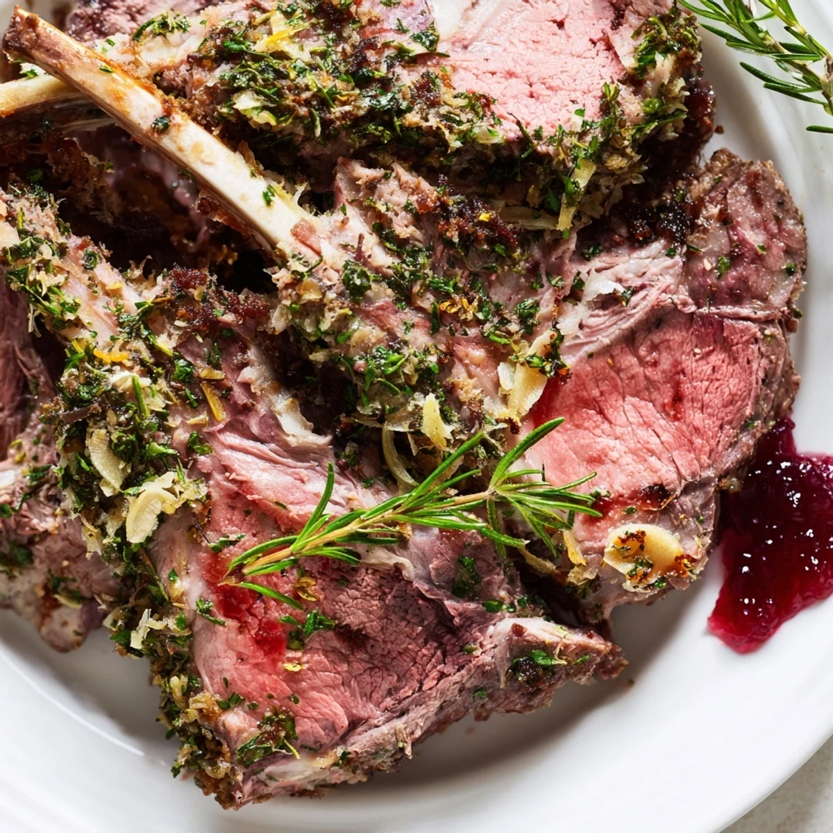 A golden roasted leg of lamb with mint jelly sits sliced on a platter, garnished with fresh rosemary sprigs and served alongside roasted carrots and onions.