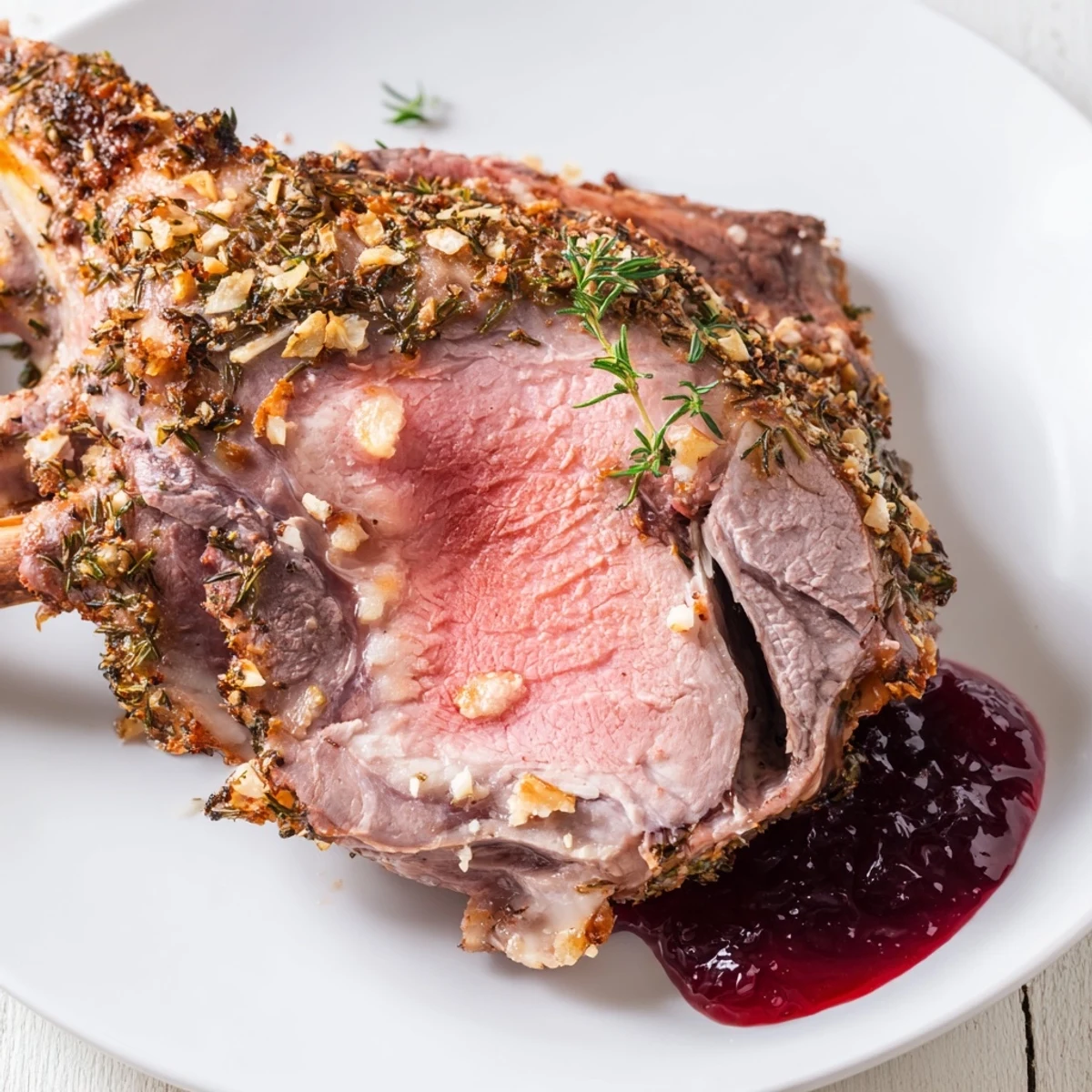 Festive roasted leg of lamb with mint jelly paired with rosemary and thyme sits on a serving board, with a small bowl of jelly and roasted vegetables.