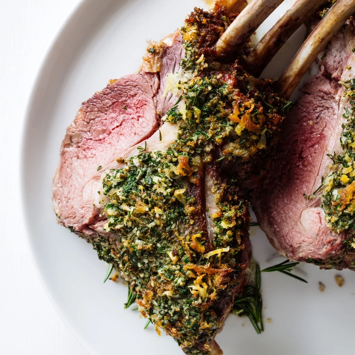 The tender herb-crusted roasted leg of lamb with mint jelly is plated with glistening juices, sliced to reveal a pink interior, ready for a family dinner.