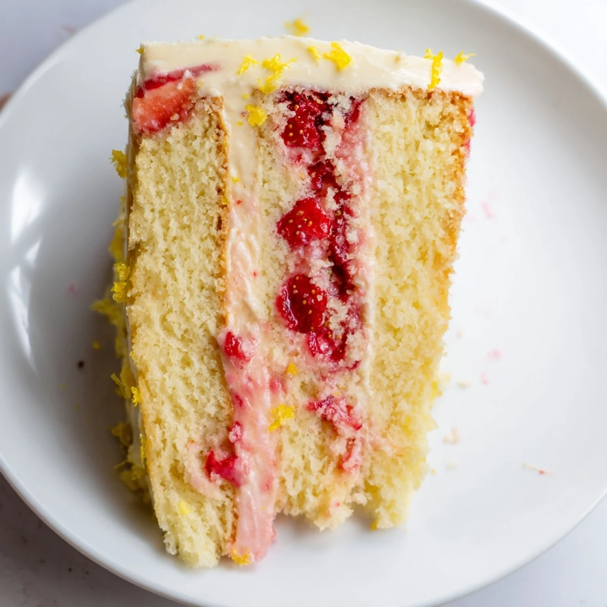 Sliced layers of Strawberry Lemonade Layer Cake with Buttercream reveal moist lemon sponge and glossy pink filling.