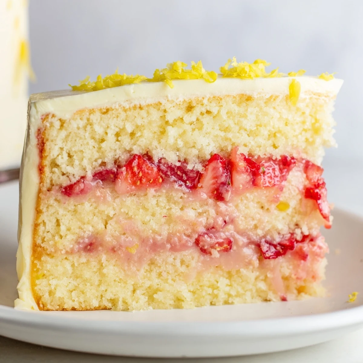 A close-up of Strawberry Lemonade Layer Cake with Buttercream shows fluffy buttercream swirls and fresh strawberry garnish.