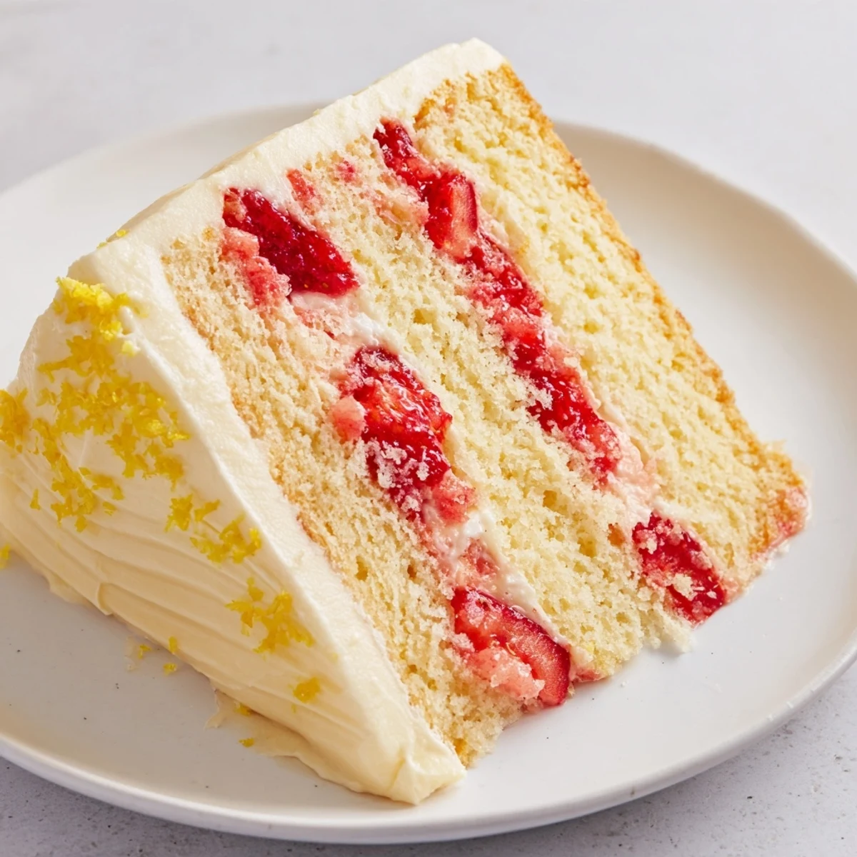 Summer dessert presentation of Strawberry Lemonade Layer Cake with Buttercream on a plate beside iced lemonade.