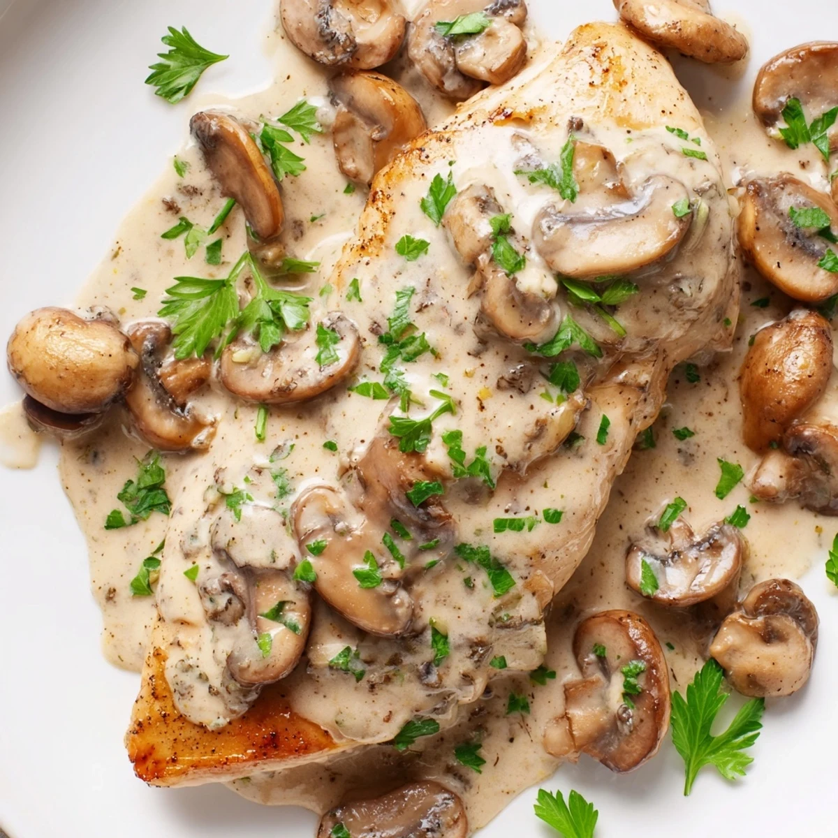 Creamy Garlic Mushroom Chicken with Herbs served over creamy mashed potatoes on a white plate.