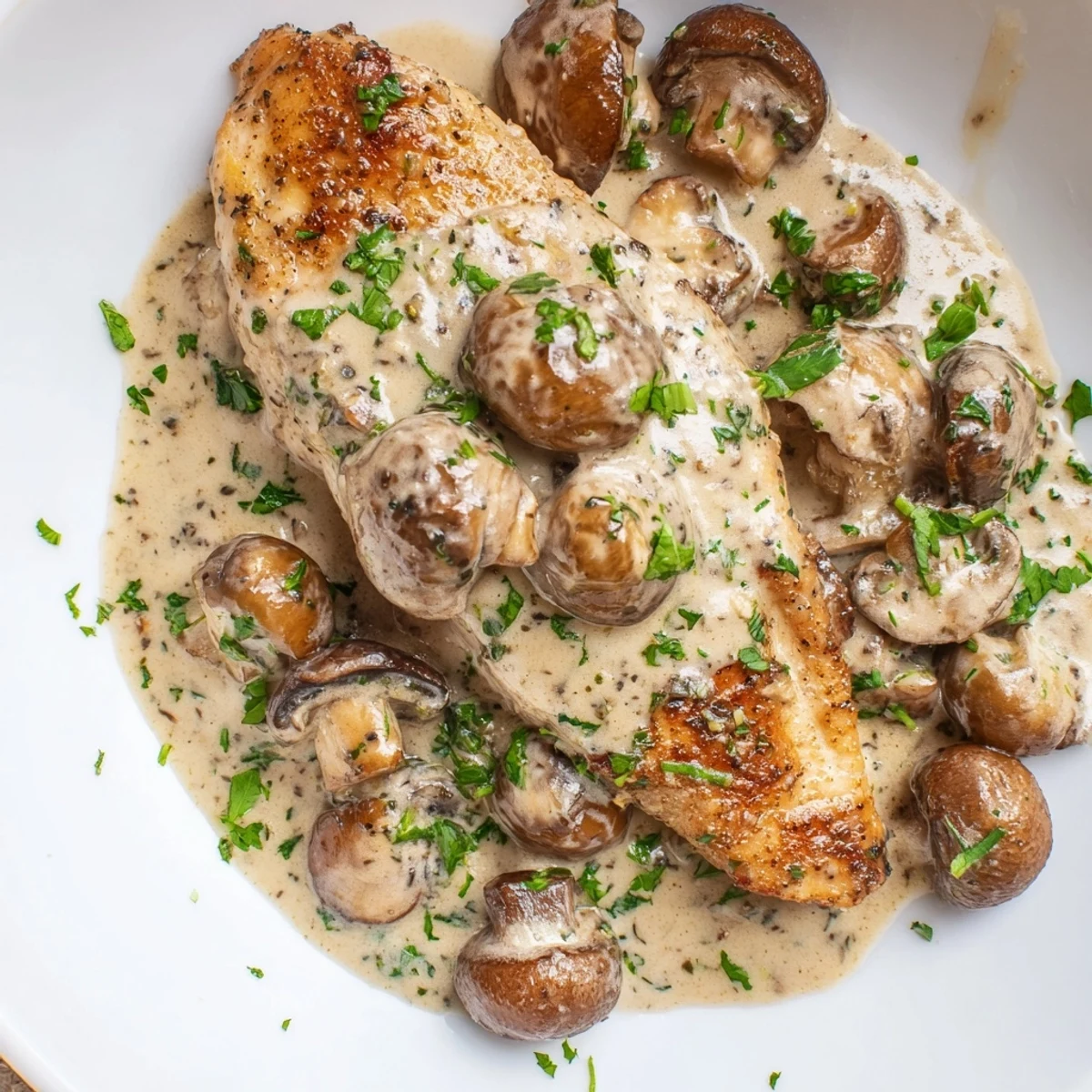 Golden seared chicken breasts simmered in a luscious garlic and herb cream sauce with sautéed mushrooms.