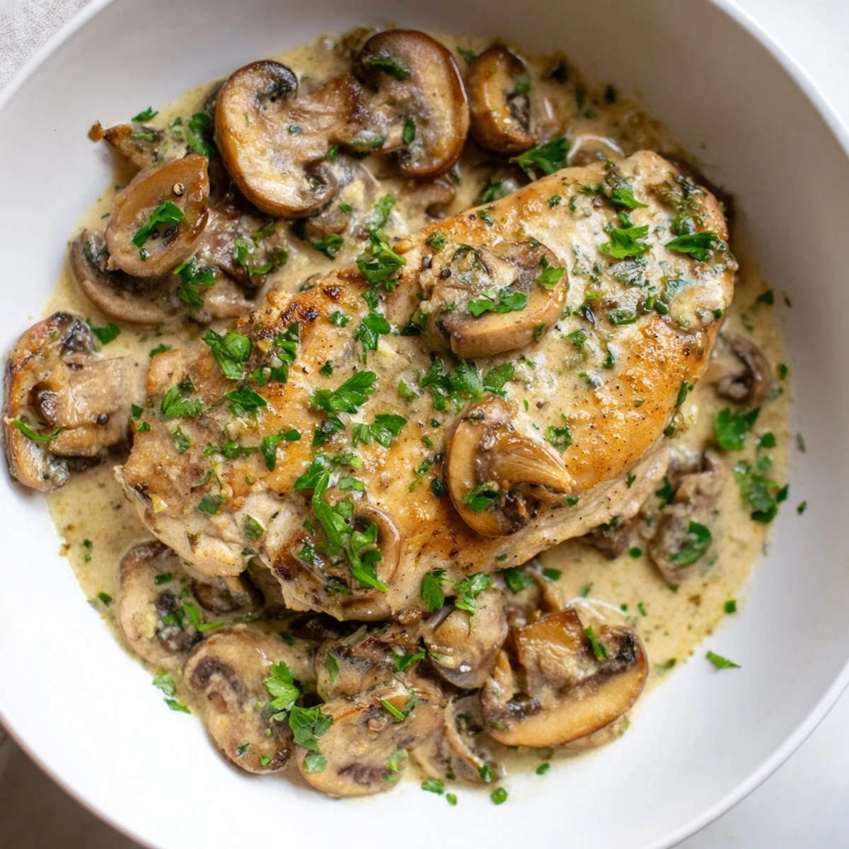 Tender creamy garlic mushroom chicken with herbs garnished with fresh parsley, ready for a comforting dinner.