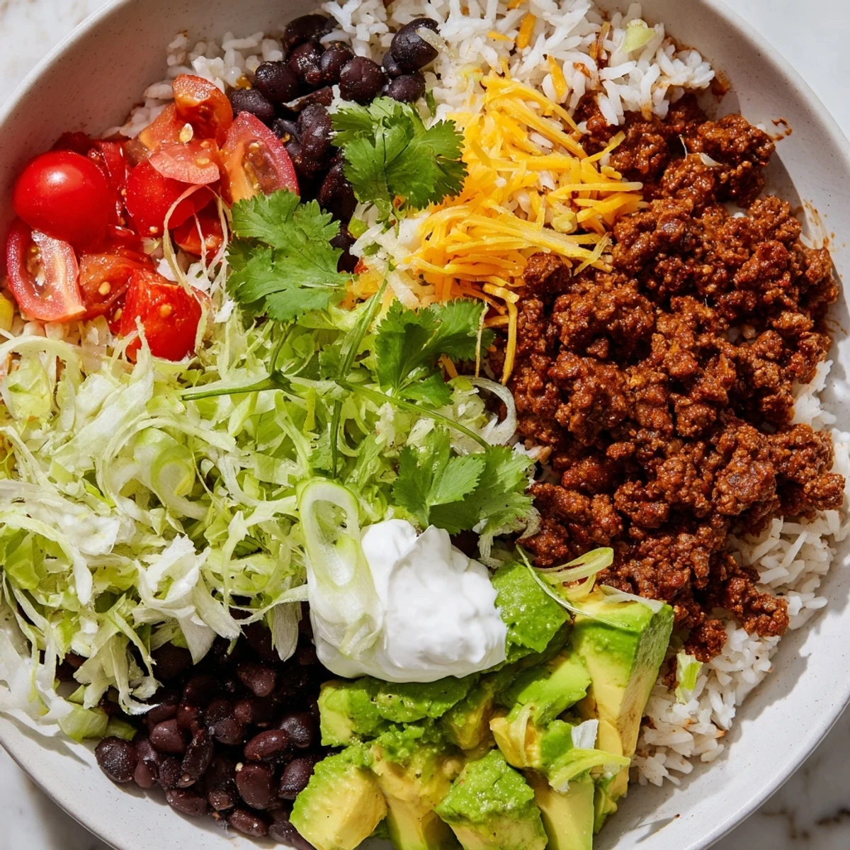 A deconstructed Beef Burrito Bowls with Rice and Black Beans featuring warm beef, black beans, and fresh vegetables in a colorful serving bowl.