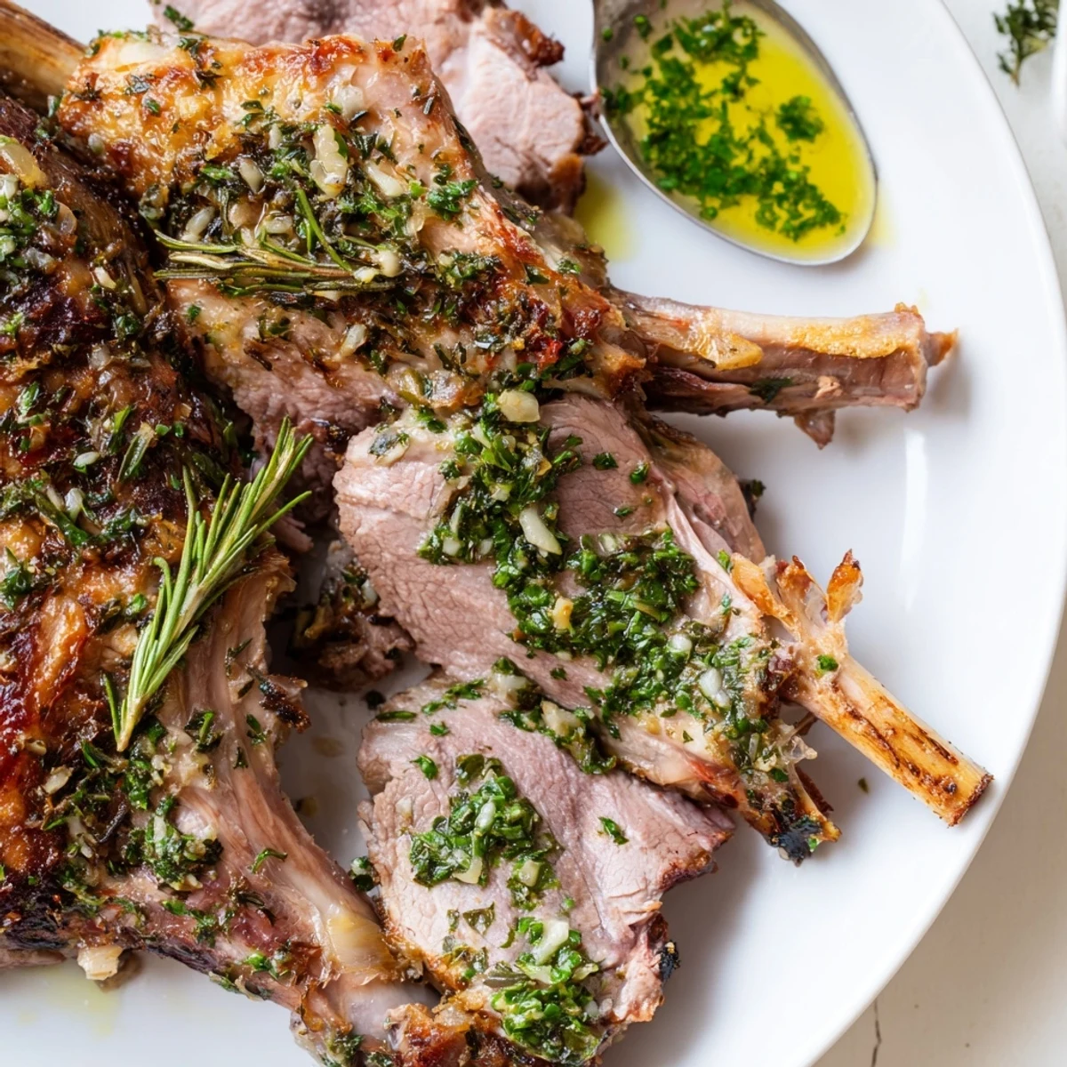 A perfectly roasted leg of lamb with mint sauce rests on a platter, garnished with fresh herbs for a festive centerpiece.