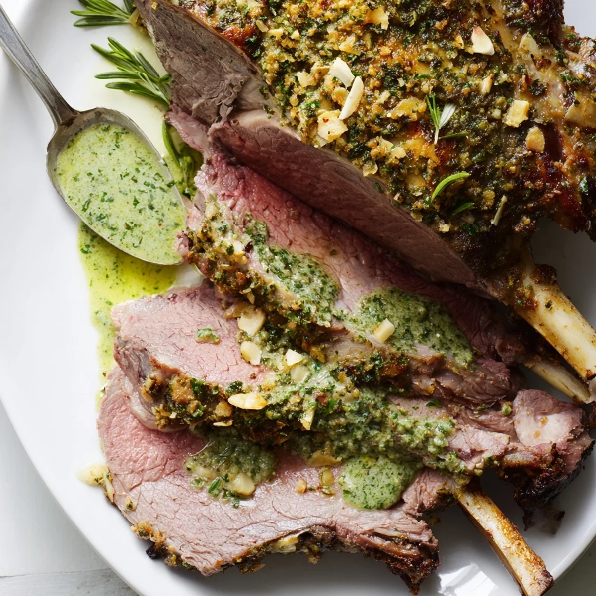 A close-up of Roasted Leg of Lamb with Mint Sauce highlights the aromatic mint sauce in a small bowl beside the carved meat.