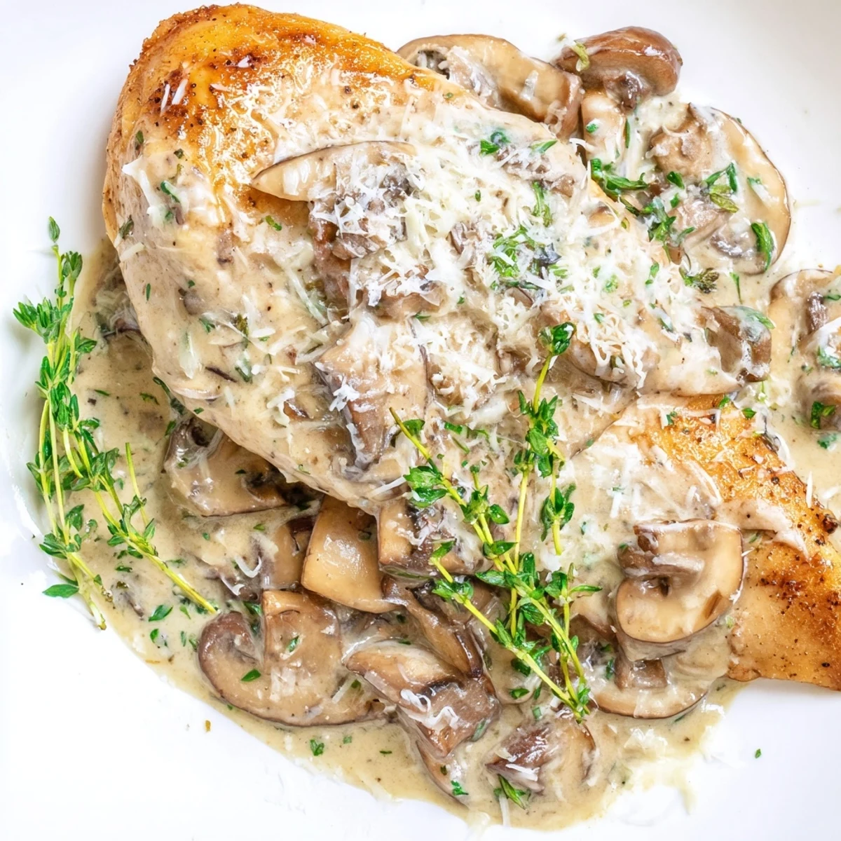Golden-brown chicken breasts smothered in a creamy garlic mushroom sauce, served over fluffy mashed potatoes.