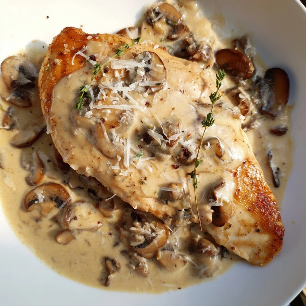 Tender chicken simmered in a rich garlic mushroom cream sauce, garnished with fresh parsley for dinner.