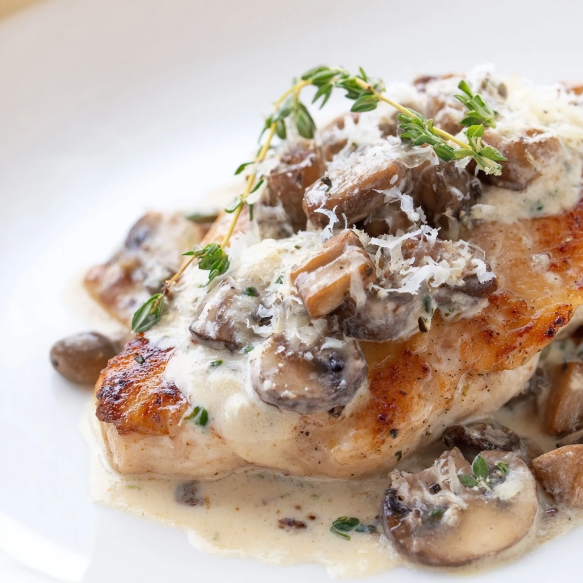 Creamy Garlic Mushroom Chicken plated with steamed green beans, featuring a luscious mushroom and garlic sauce.