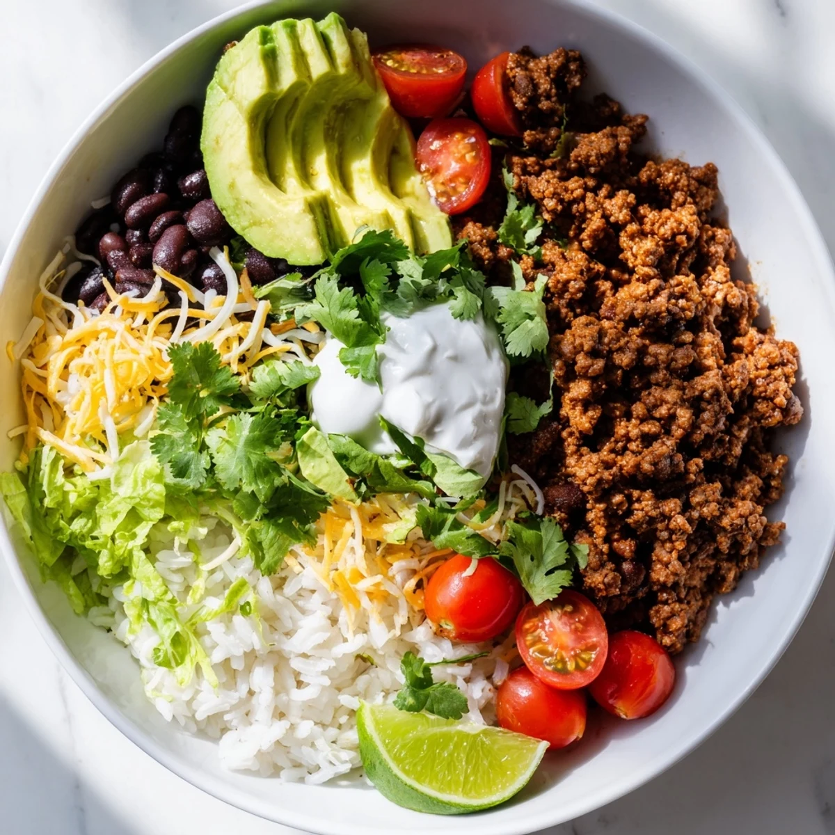 Beef Burrito Bowls with Rice and Beans served with avocado and sour cream.