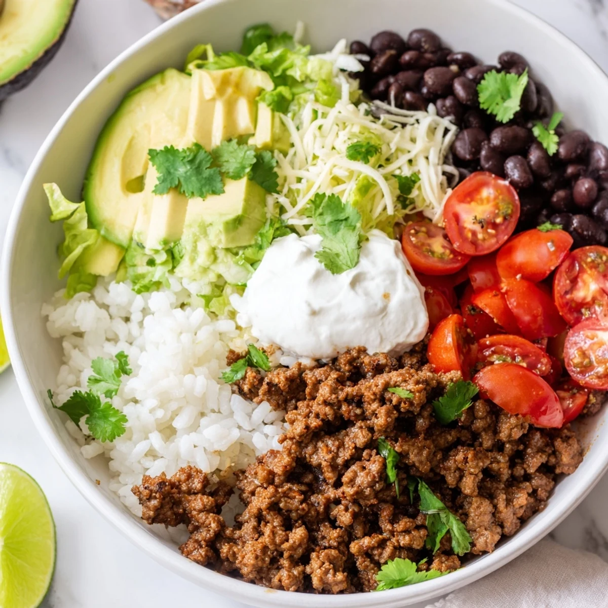 A close-up of Beef Burrito Bowls with Rice and Beans topped with melted cheese.