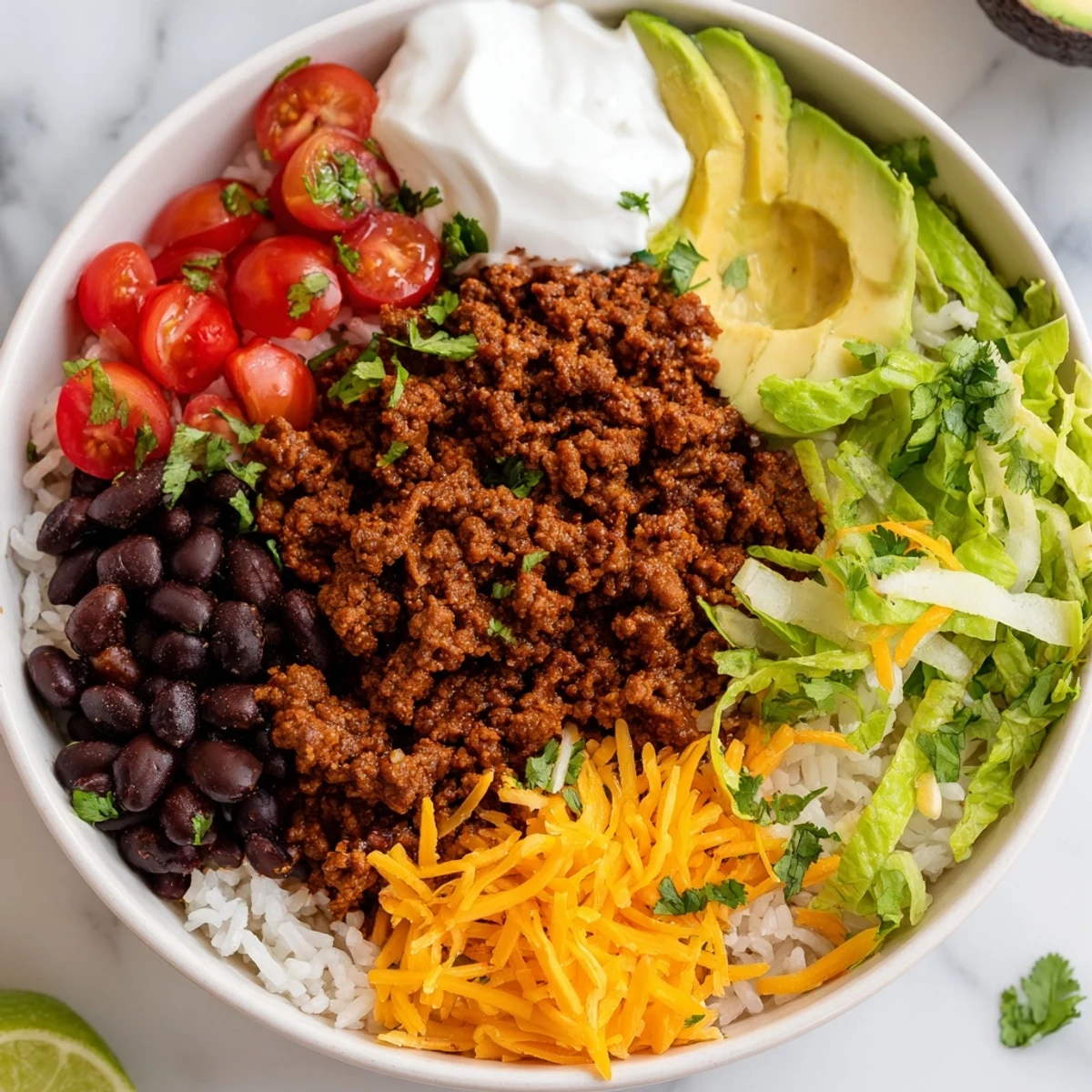 Freshly prepared Beef Burrito Bowls with Rice and Beans featuring colorful toppings.