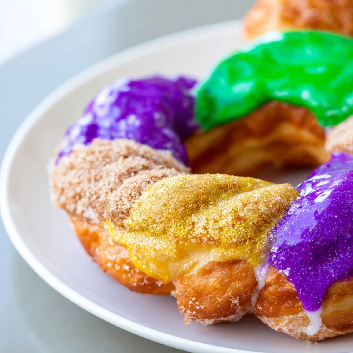 A vibrant plate of Mardi Gras King Cake Donuts, drizzled with purple, green, and gold icing and topped with colorful sprinkles.  